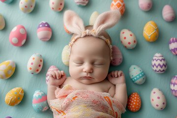 Newborn baby in bunny ears headband on background.