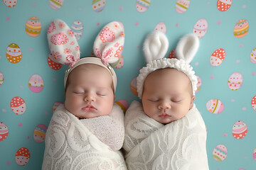 Newborn twin baby in bunny ears headband on background. - obrazy, fototapety, plakaty