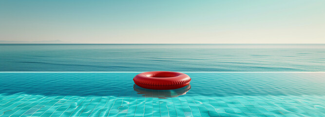 Fototapeta na wymiar red donut on the water in the pool