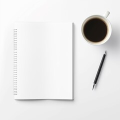 Closeup white blank book with pen and coffee in work concept