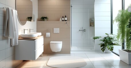 A Hybrid of Modern and Traditional Bathroom Design, with Panels in Soft Beige, Aglow with Natural Light
