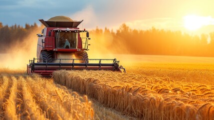 Combine of Grain Harvesting in Field