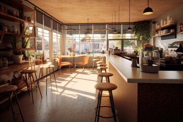 Design of a coffee shop with kitchen counter and sitting area.