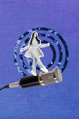 Vertical creative collage dancing carefree walking girl microphone singer performance karaoke song...
