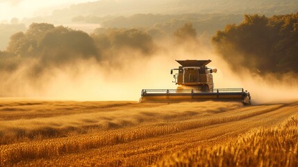 Obraz premium A Combine Harvesting Grain in a Field