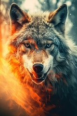 Double exposure of a forest fire inside a wolf.