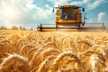 A Large Yellow Tractor in a Wheat Field