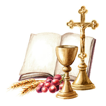 Eucharist. Holy Communion concept., Hand drawn watercolor illustration isolated on white background
