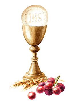 Golden bowl for Christian worship, wheat and grapes. Ffirst communion concept, the Eucharist. Hand drawn watercolor illustration isolated on white background