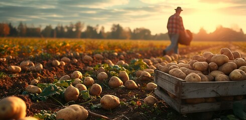 Farmer is harvesting potatoes in the field. potatoes in box across the field harvest time vegetable production - obrazy, fototapety, plakaty