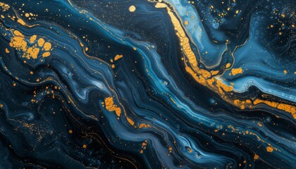 Abstract Marble background. Blu background liquid gold, black string acrylic