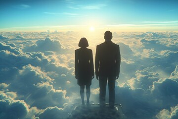 Two People Standing on a Ledge Above the Clouds