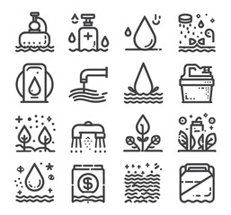Editable vector pack of water icons. Water drops icon set. Editable vector pack of water line icons. A drop of water. Glass, magnifier, washing hands, shower. Vector illustration