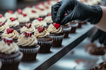 Professional pastry chef hands with black gloves decorating cupcakes with cream cheese cream and small red hearts. Confectioner studio, culinary and bakery
