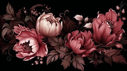 Elegant floral card with peonies and lily on black background for wedding invitations and packaging
