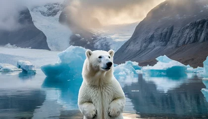 Gordijnen A white polar bear with in a stunning landscape with blue icebergs reflecting in the water and snowy mountains © juanorihuela