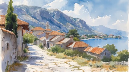 Watercolor painting of small Balkan town - obrazy, fototapety, plakaty