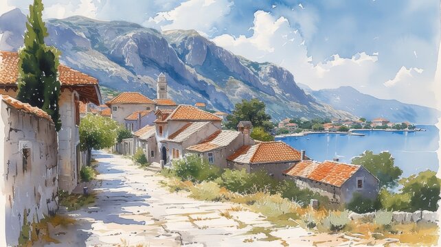 Watercolor painting of small Balkan town