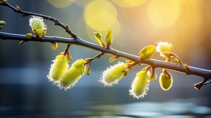 Blooming willow branch with catkins in forest on sunny easter day, traditional symbol of celebration - obrazy, fototapety, plakaty