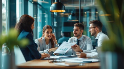 Business team working on a project in the office behind a table or reviewing and discussing a business project. IT workers in the office. Professional team discussing charts in a business meeting