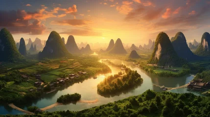 Tuinposter Guilin Guangxi region of China, Karst mountains and river Li in Guilin.