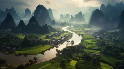 Papier peint photo autocollant rond Guilin Guangxi region of China, Karst mountains and river Li in Guilin.