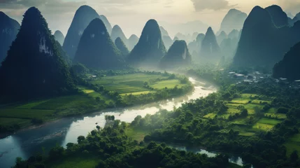 Papier Peint photo autocollant Guilin Guangxi region of China, Karst mountains and river Li in Guilin.