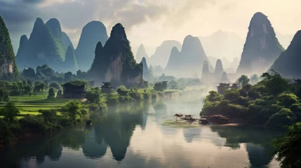 Papier Peint photo Lavable Guilin Guangxi region of China, Karst mountains and river Li in Guilin.
