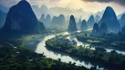 Papier Peint photo Guilin Guangxi region of China, Karst mountains and river Li in Guilin.