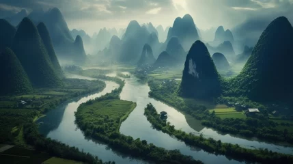 Cercles muraux Guilin Guangxi region of China, Karst mountains and river Li in Guilin.