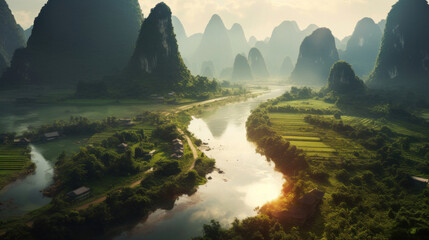 Guangxi region of China, Karst mountains and river Li in Guilin.