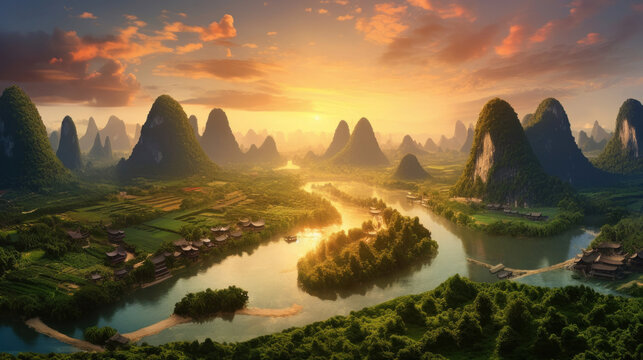 Guangxi region of China, Karst mountains and river Li in Guilin.