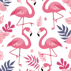 Seamless pattern background with pink flamingos and leaves.
