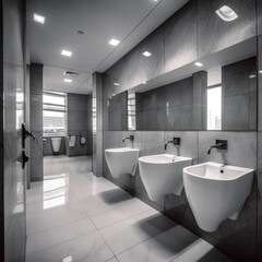 Interior of bathroom with sink basin faucet lined up and hotel toilet urinals, Modern design