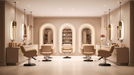 Interior of Beige salon interior with chairs in row and cosmetics on shelf, Mirrors, Hairdressing and beauty salon.