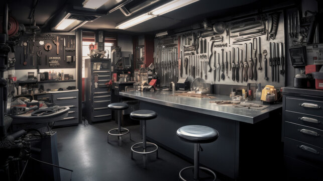 inside of tool room with a bar for tools in a gray color.