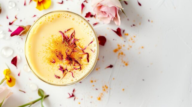 An Indian sweet lassi, infused with saffron and rose water on a white background. Drink in a balanced combination of floral sweetness and subtle spicy notes that delights the palate.