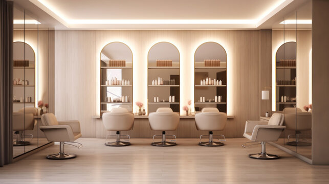 Interior of Beige salon interior with chairs in row and cosmetics on shelf, Mirrors, Hairdressing and beauty salon.