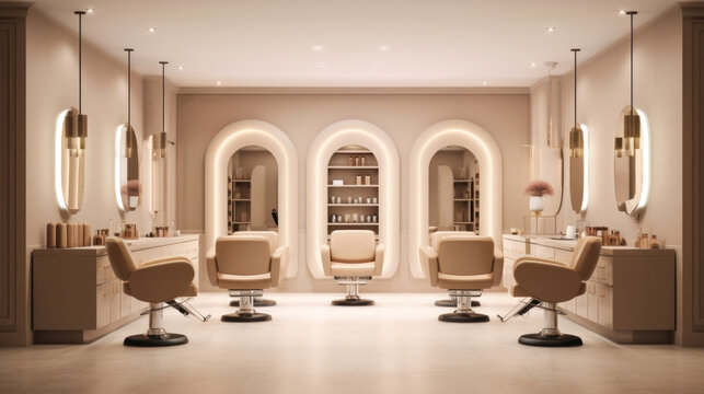 Interior of Beige salon interior with chairs in row and cosmetics on shelf, Mirrors, Hairdressing and beauty salon.