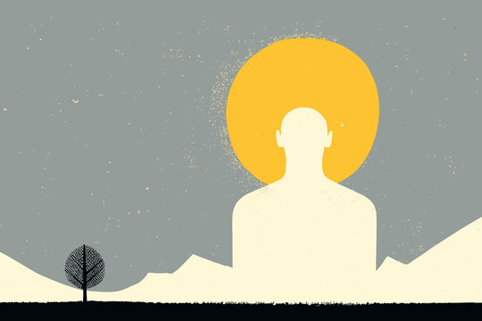 God, divine being, supreme power or higher entity concept with silhouette of a body and sun as a glowing halo around its head. Minimalist vector illustration. 