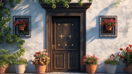 Fototapeta na wymiar A Front Door Adorned with Square Decorative Windows and Charming Flower Pots