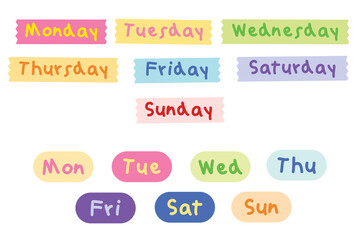 Days of the week with colorful color for sticker, planner and diary. Monday to Sunday