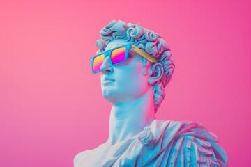 Statue of a roman man wearing colorful sunglasses with pink background. Creative concept colorful neon ancient sculpture.