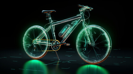 bicycle on a black background with white neon hologram style