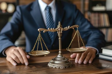 Businessman at a Table With Scale of Justice - obrazy, fototapety, plakaty