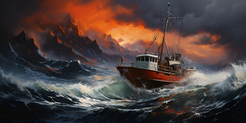Outdoor photo of old fishing boat in a storm A cargo or fishing ship is caught in a severe storm Ship at sea on big waves.