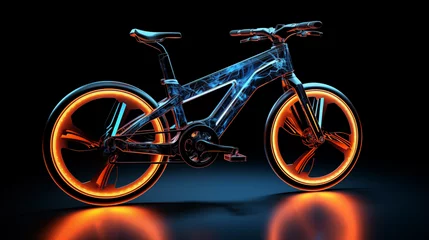 Rolgordijnen bicycle on a black background with blue orange neon hologram style © Septimega