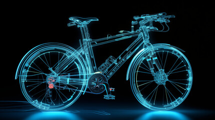 bicycle on a black background with blue light neon hologram style