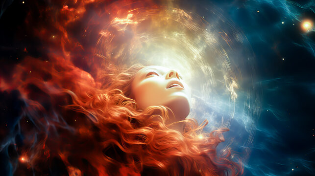 3d rendering of a beautiful girl with long blond curly hair on a background of fire. Fantasy image. Generative AI technology.