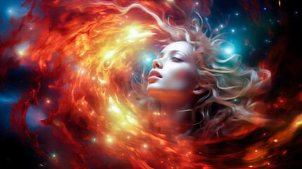 3d rendering of a beautiful girl with long blond curly hair on a background of fire. Fantasy image. Generative AI technology.
